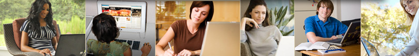 images of people, campus, and closeup of computer keyboard