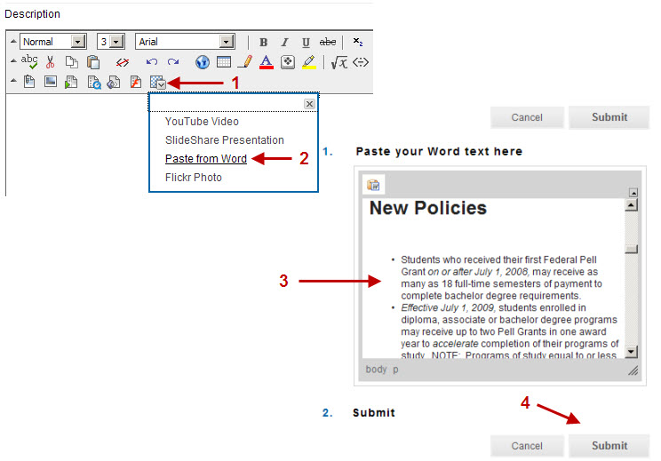 text editor showing Paste from Word mashup tool, with box to paste text and 'OK' button to submit the text