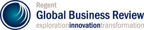 Logo for Regent Global Business Review featuring a blue circular globe design on the left, with the publication name in bold blue text and the words 'exploration,' 'innovation,' and 'transformation' in varying shades of gray and blue.