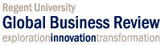 Logo for Regent University Global Business Review with the publication name in bold navy blue text, accompanied by the words 'exploration,' 'innovation,' and 'transformation' in varying shades of gray and blue.