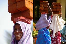 Women carrying bricks on their heads, dressed in colorful traditional clothing.