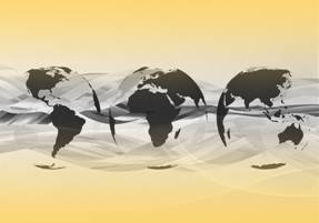 Stylized black globe illustrations on a flowing abstract yellow background, representing global connectivity.