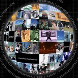 Digital collage of business and technology-related images on a globe, representing global communication.