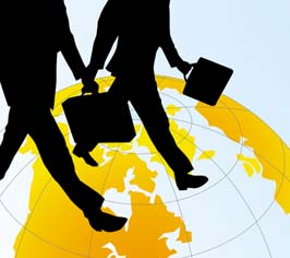 Silhouettes of two businesspeople with briefcases walking on a stylized yellow globe.