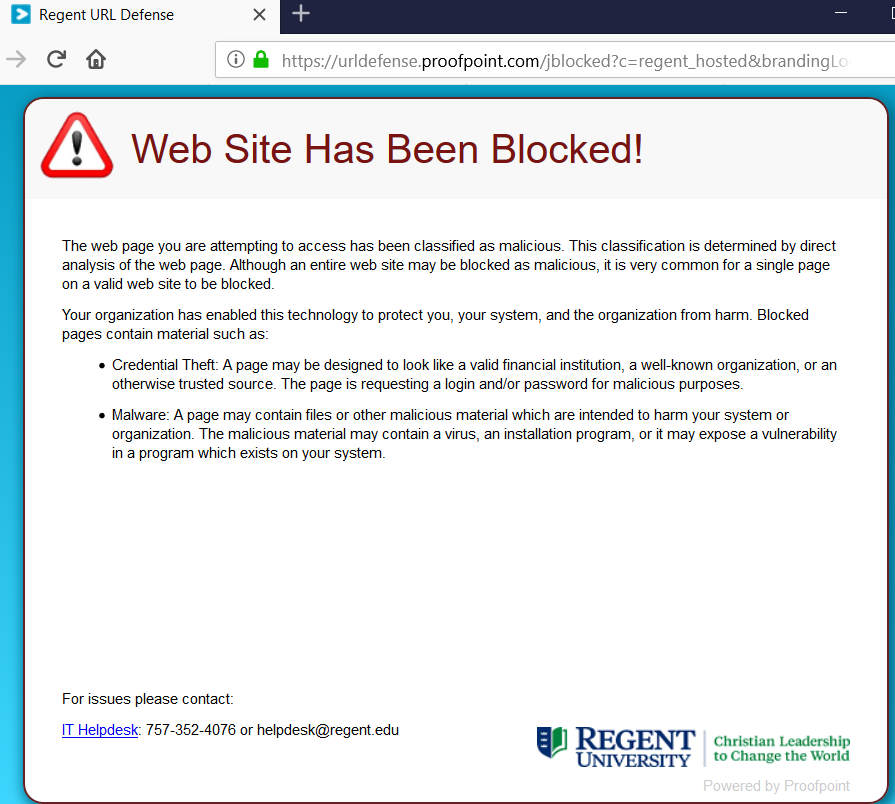 The block page that the Proofpoint proxy address will lead you to if the site contains phishing or virus content.