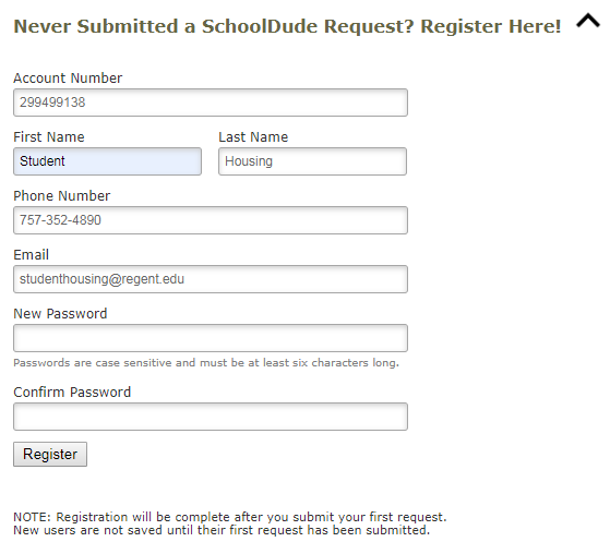SchoolDude Registration Page Example