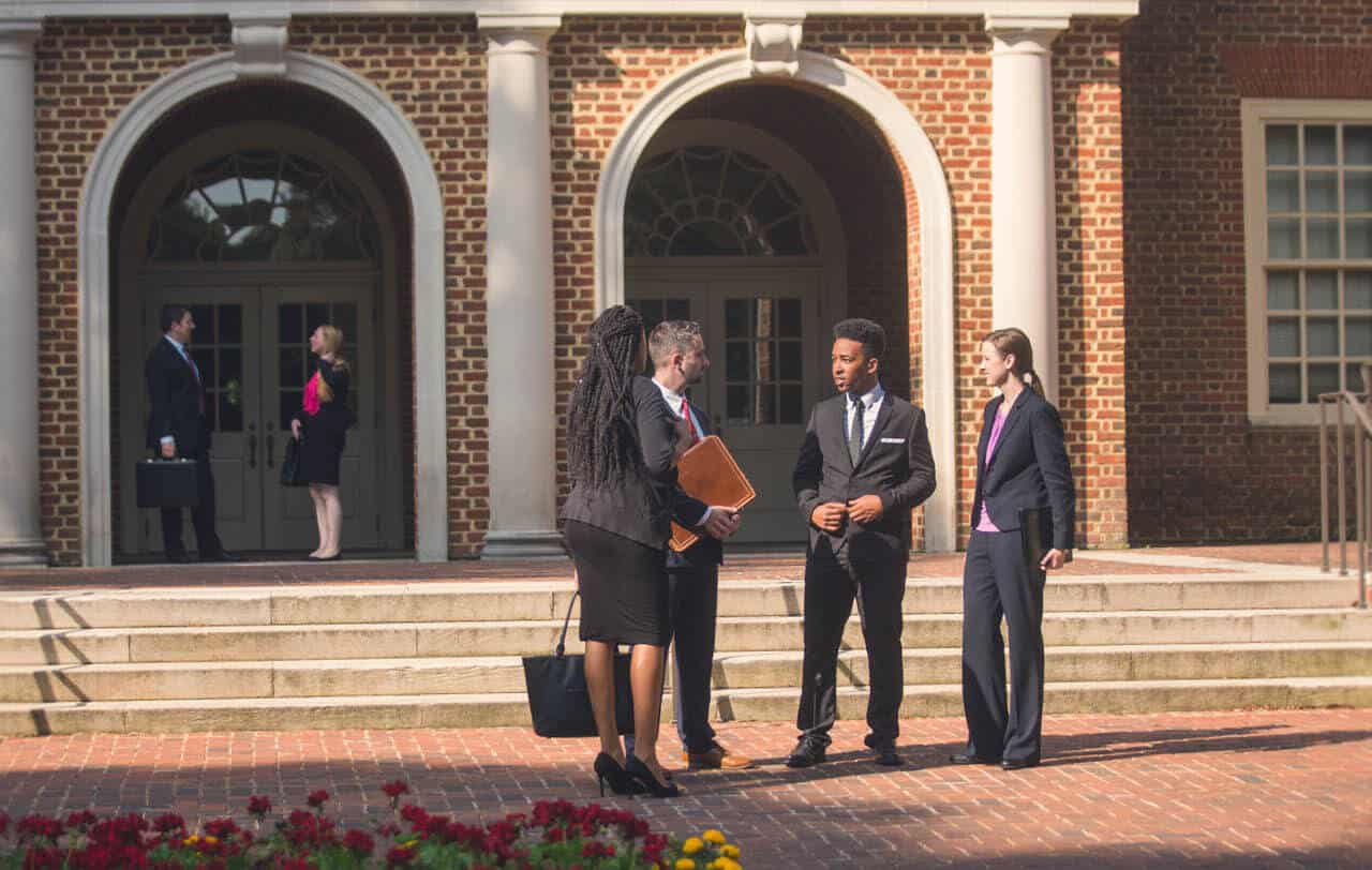 A group outside Robertson Hall, which houses the Regent University’s law school in Virginia.