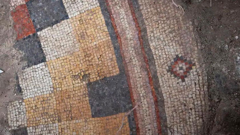Colorful geometric mosaic floor discovered at the El Araj archaeological site in Israel