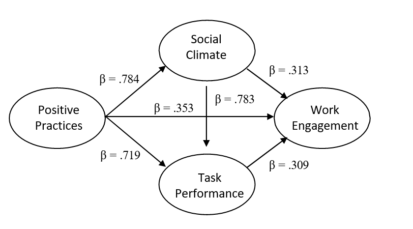 The diagram depicts the outcomes of positive practices on work engagement, task performance, and social climate. 