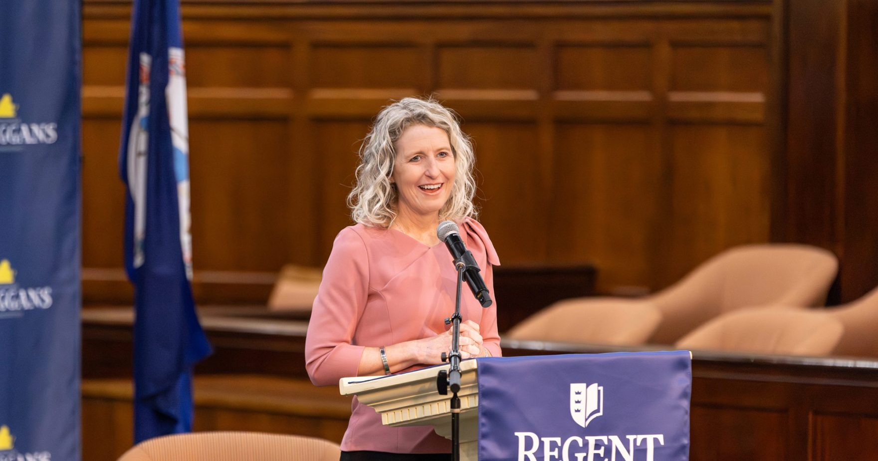 Congresswoman Jen Kiggans addressing Regent University students, alumni, staff and faculty in the Moot Courtroom in Robertson Hall on campus at Virginia Beach, Virginia.