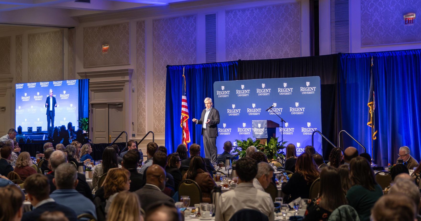Dr. Jason Baker addressing attendees at an Executive Leadership Series presentation at Regent University in Virginia Beach, Virginia.