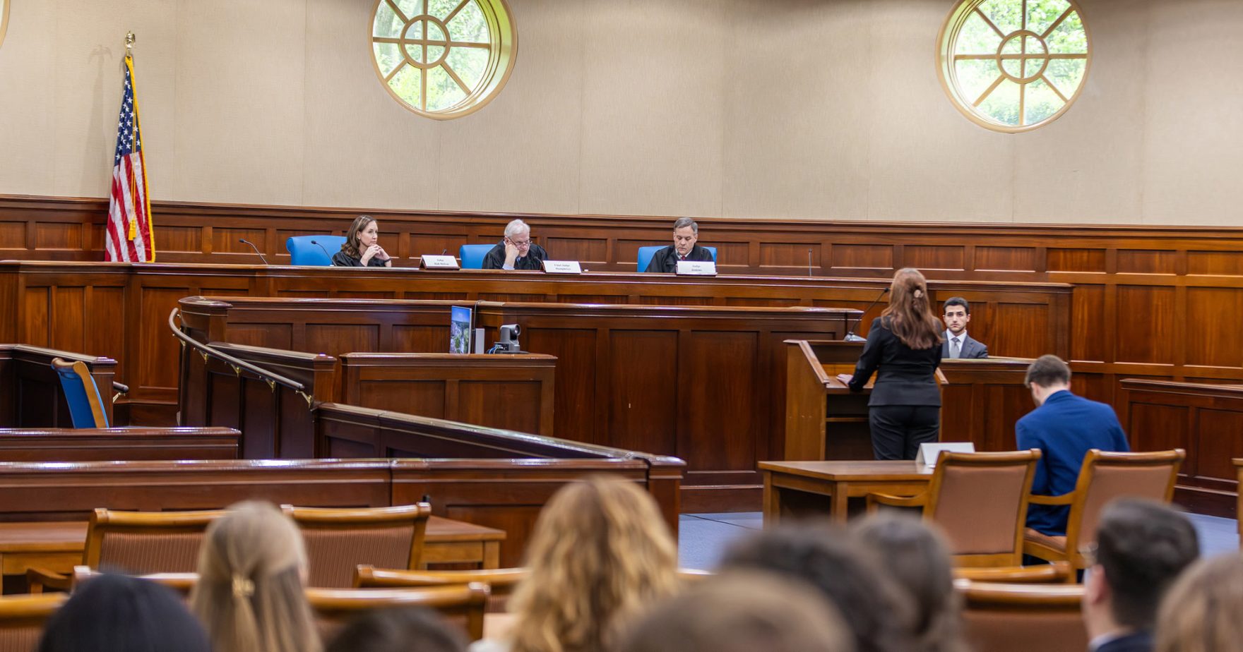 Regent University law students during a mock trial in the Moot Courtroom at Robertson Hall, located on campus at Virginia Beach, Virginia.