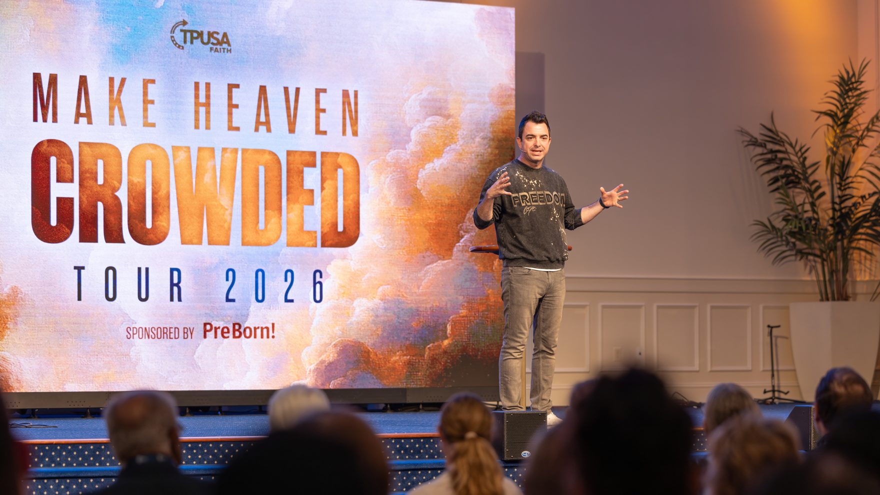 Pastor Lucas Miles, Vice President of Turning Point USA Faith, opening the Make Heaven Crowded 2026 event hosted at Regent University in Virginia Beach, Virginia.