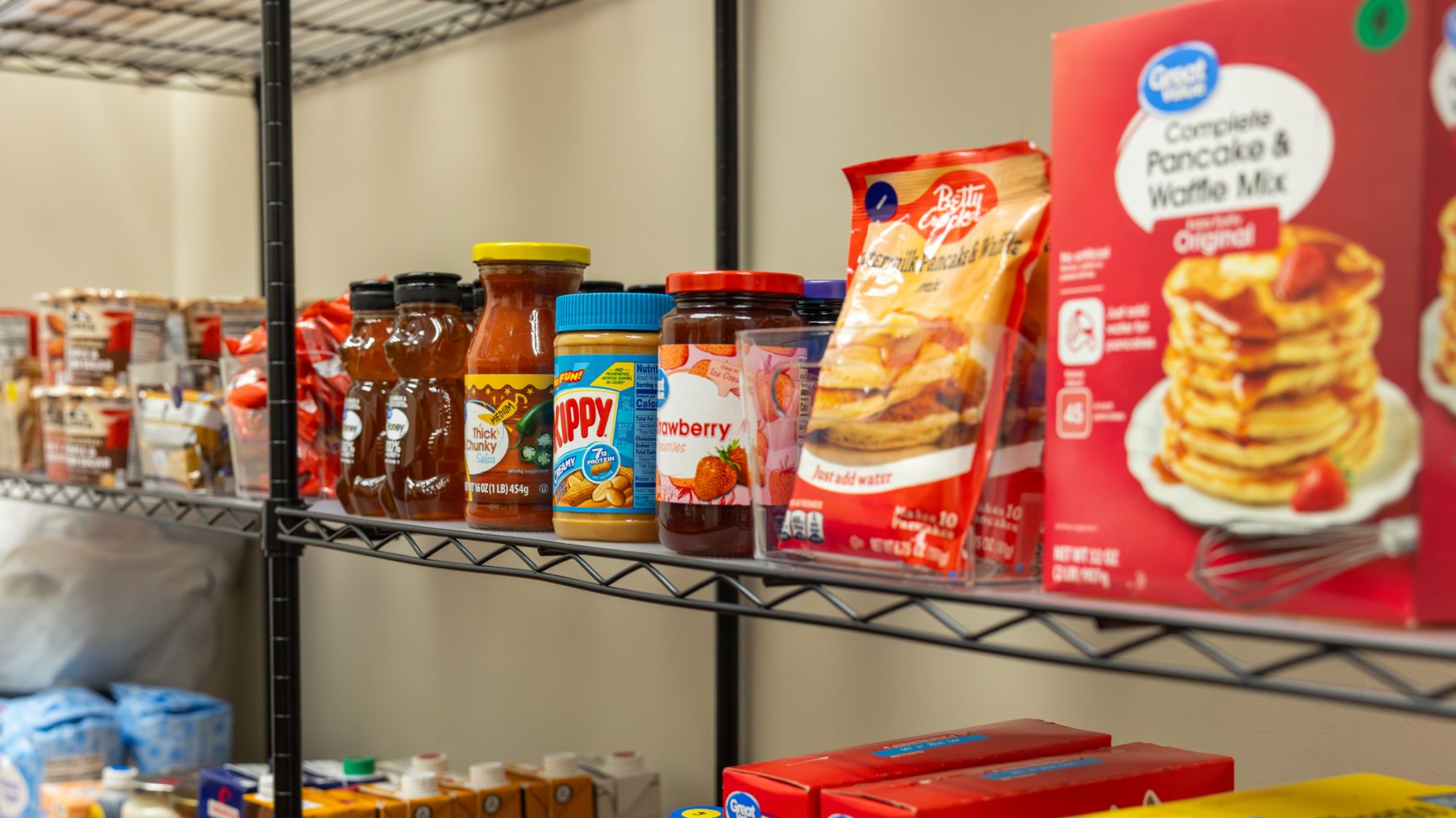 Food items stocked at the Regent University Student Food Pantry, located in the Student Center on campus in Virginia Beach, Virginia.