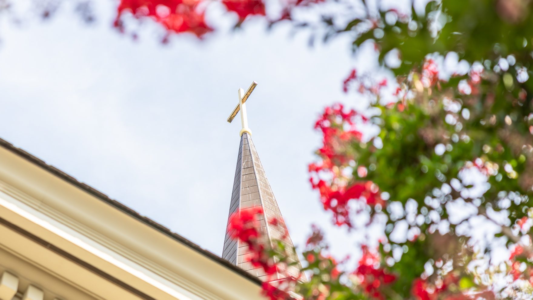 A low-angle view of the Regent University Divinity building's steeple topped with a cross, framed by red flowering branches and green foliage against a bright sky.