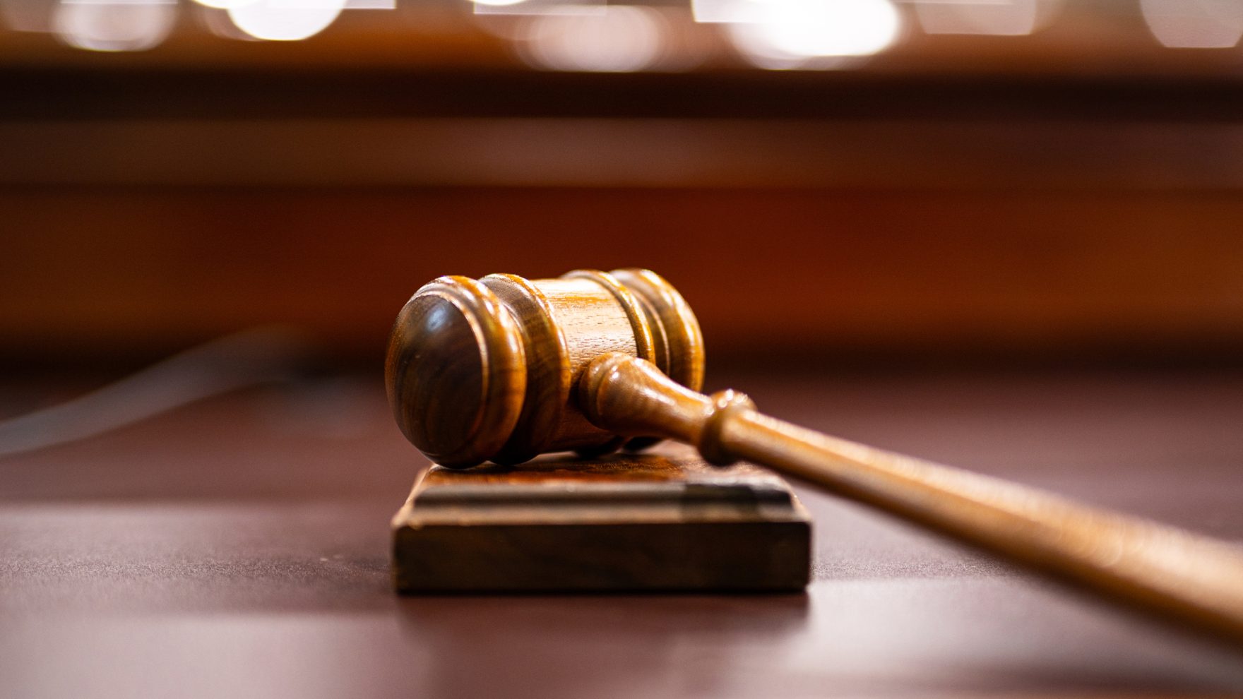 Gavel sitting on judge's bench in Regent University's Moot Courtroom, used by Regent Law.